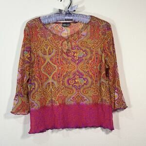 NY & Co Women Sheer Blouse Sz S/M Paisley Retro Y2K Mesh Top Party Boho Chic